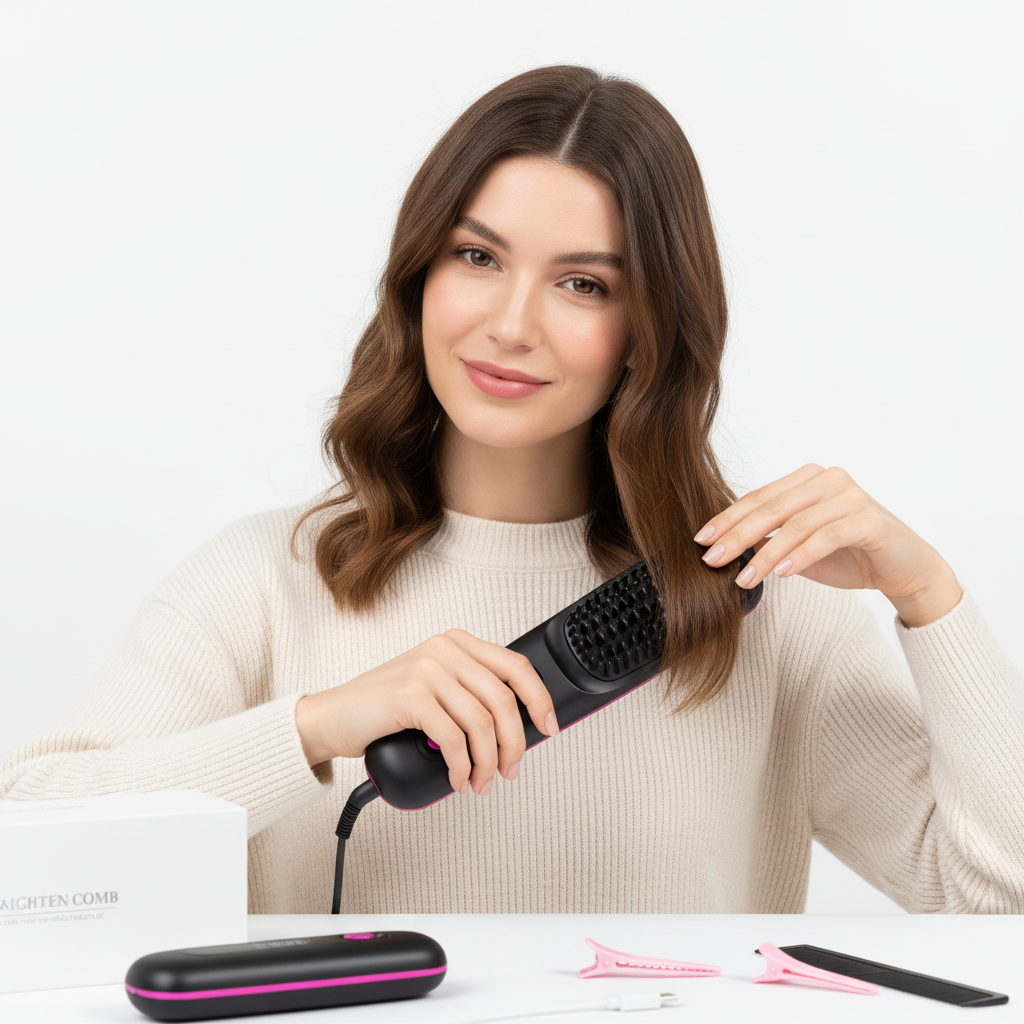 Cordless Hair Straightener Brush with LED Display - Portable USB Rechargeable Ceramic Heated Straightening Comb with Anti-Scald Negative Ionic Technology