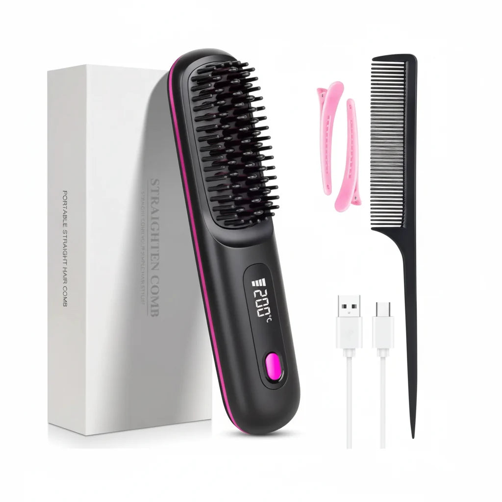 Cordless Hair Straightener Brush with LED Display - Portable USB Rechargeable Ceramic Heated Straightening Comb with Anti-Scald Negative Ionic Technology
