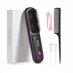 Cordless Hair Straightener Brush with LED Display - Portable USB Rechargeable Ceramic Heated Straightening Comb with Anti-Scald Negative Ionic Technology