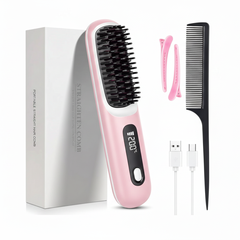 Cordless Hair Straightener Brush with LED Display - Portable USB Rechargeable Ceramic Heated Straightening Comb with Anti-Scald Negative Ionic Technology