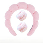 Pink plush spa headband with two matching fuzzy wrist towels for face washing