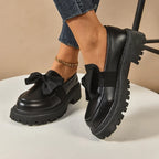 Novara | Chunky Platform Shoes for Women - Butterfly Bow High-Gloss Leather Trendy Fit-Women's Flats-Glossy Black-4-Camoufit