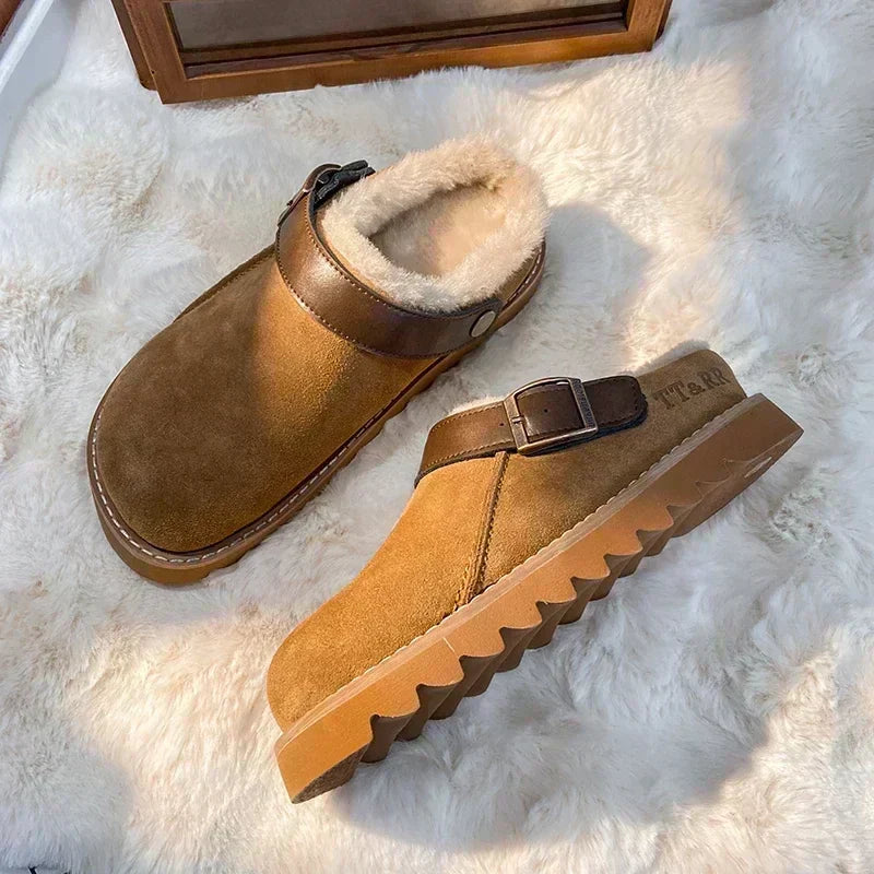 Brown suede fleece-lined clog mules with buckle strap and cushioned sole