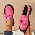 Novara | Chunky Platform Shoes for Women - Butterfly Bow High-Gloss Leather Trendy Fit-Women's Flats-Pink-4-Camoufit