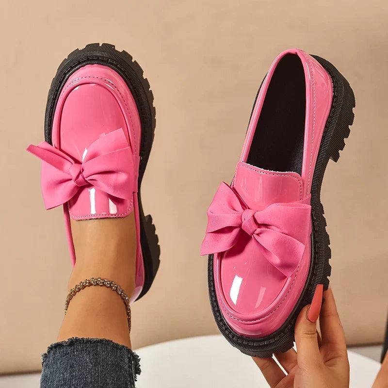 Novara | Chunky Platform Shoes for Women - Butterfly Bow High-Gloss Leather Trendy Fit-Women's Flats-Pink-4-Camoufit