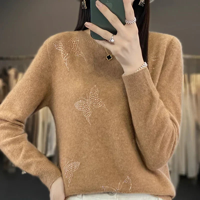 Pamelo | Women's Butterfly Knit Sweater - Long Sleeve Embellished Pullover with Ribbed Trim