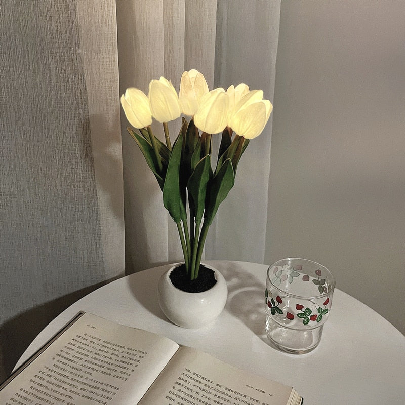 Handmade artificial tulip night light with light yellow blossoms in a white pot