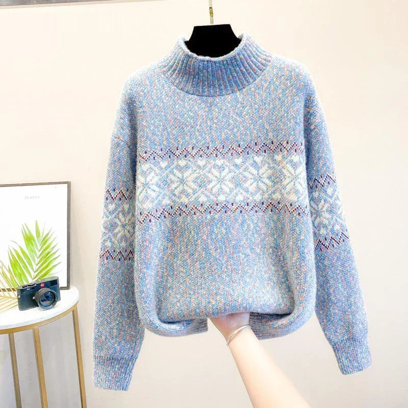 Women’s high turtleneck sweater in light blue, ribbed knit with Fair Isle stripes