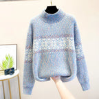 Women’s high turtleneck sweater in light blue, ribbed knit with Fair Isle stripes
