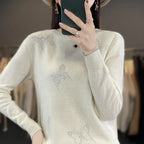 Pamelo | Women's Butterfly Knit Sweater - Long Sleeve Embellished Pullover with Ribbed Trim