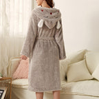 Light gray plush bathrobe with bunny-hood ears and tied waist belt, back view