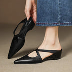 Orelia | Women's Genuine Leather Pointed Toe Mules – Cross Strap Elegant Fit-Women's Flats-Black-4-