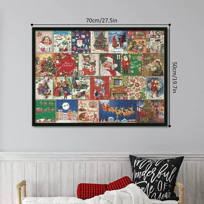 Wall-mounted framed Christmas advent jigsaw puzzle with size markings on screen