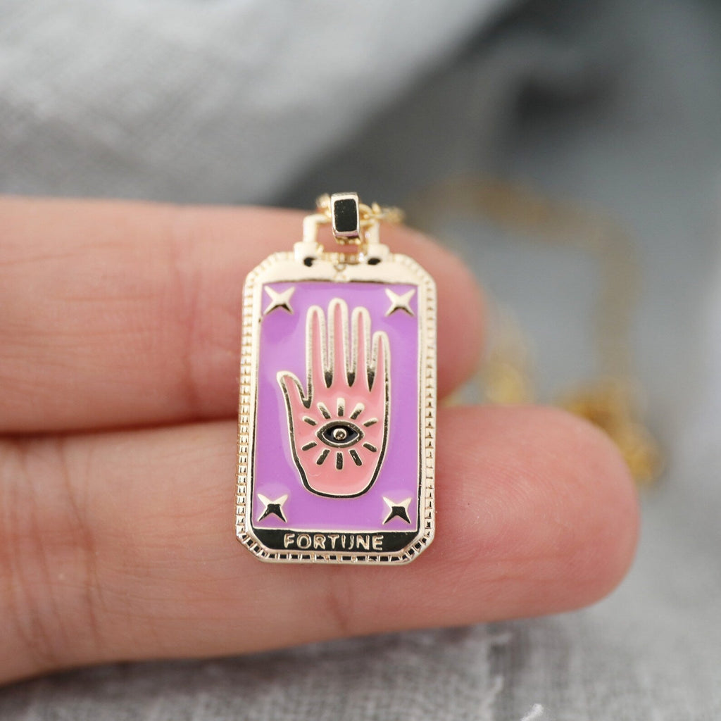Fortune tarot card pendant necklace with purple hand symbol on gold frame