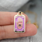 Fortune tarot card pendant necklace with purple hand symbol on gold frame