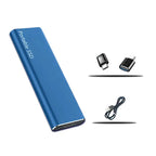 Blue portable external SSD kit: SSD, USB-C adapter, and connecting cable.