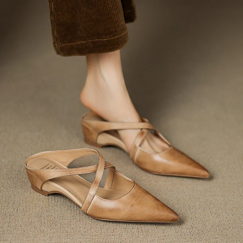 Orelia | Women's Genuine Leather Pointed Toe Mules – Cross Strap Elegant Fit-Women's Flats-Apricot-4-
