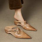 Orelia | Women's Genuine Leather Pointed Toe Mules – Cross Strap Elegant Fit-Women's Flats-Apricot-4-