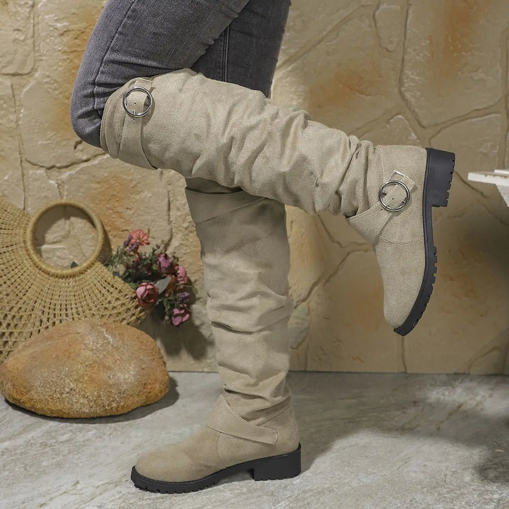 Dôre | Women's Knee High Boots - Low Block Heel Tall Boots with Ring Accent