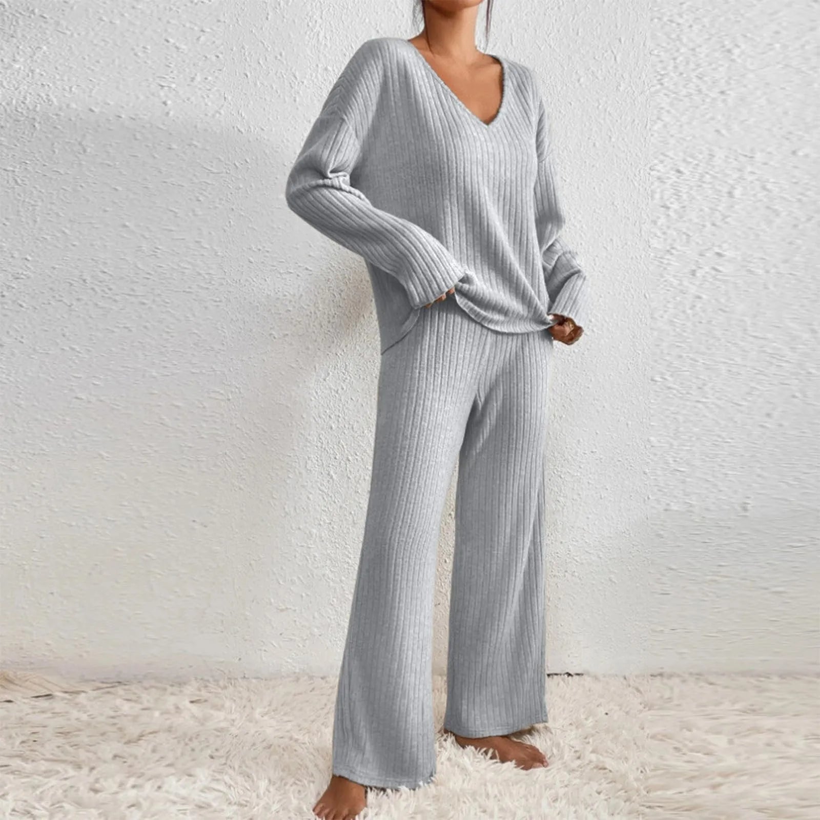 Amélis | Soft Knit Set for Women - V Neck Ribbed Sweater Trousers Relaxed Cosy Two Piece Fit-Loungewear set-Grey-S-Camoufit