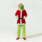 Adult Santa-style costume with green mask: red robe with white trim, black belt, green pants