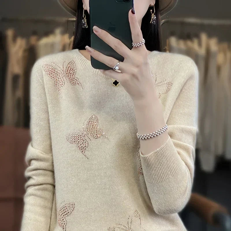 Pamelo | Women's Butterfly Knit Sweater - Long Sleeve Embellished Pullover with Ribbed Trim