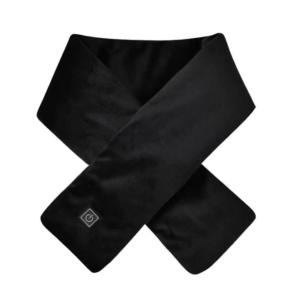 Black heated neck warmer scarf with control button patch, cross-fold design.