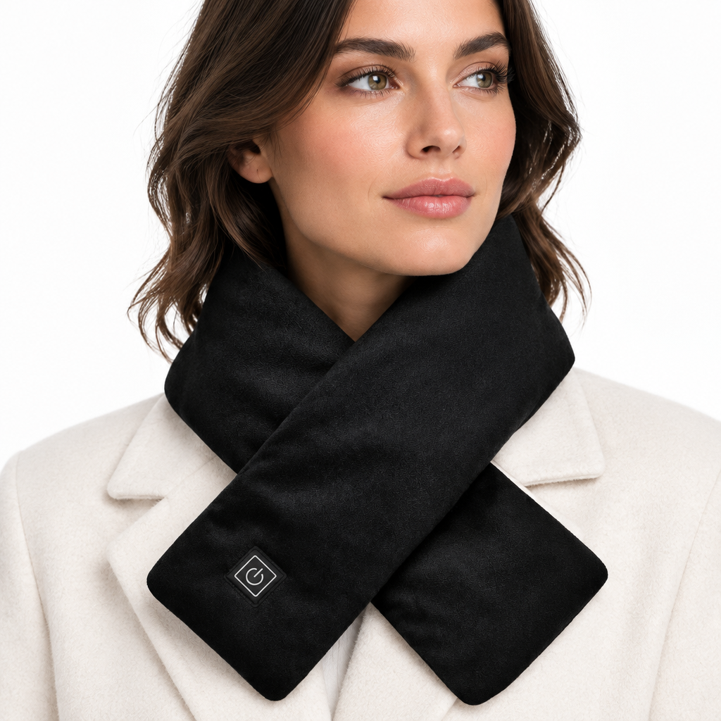 Black heated neck warmer scarf worn at the neck with control button patch.