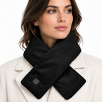 Black heated neck warmer scarf worn at the neck with control button patch.