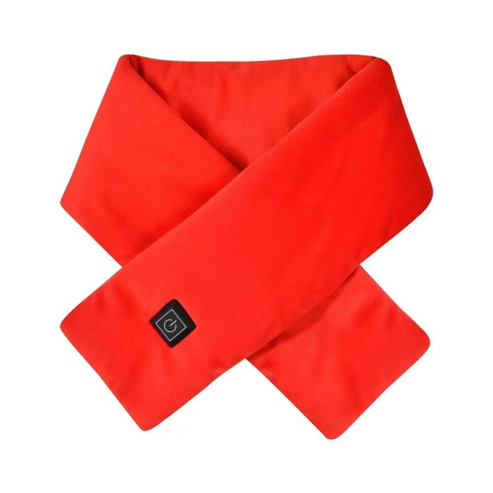 Red heated neck warmer scarf with control button patch, cross-fold design.