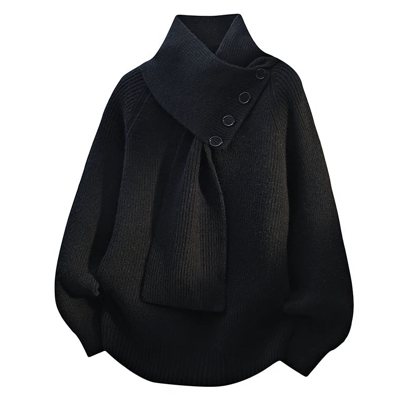 Women’s black knit sweater with attached scarf-style neckline tie and button placket