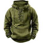 Men's green lace-up hooded sweatshirt with lace-up neckline and kangaroo pocket