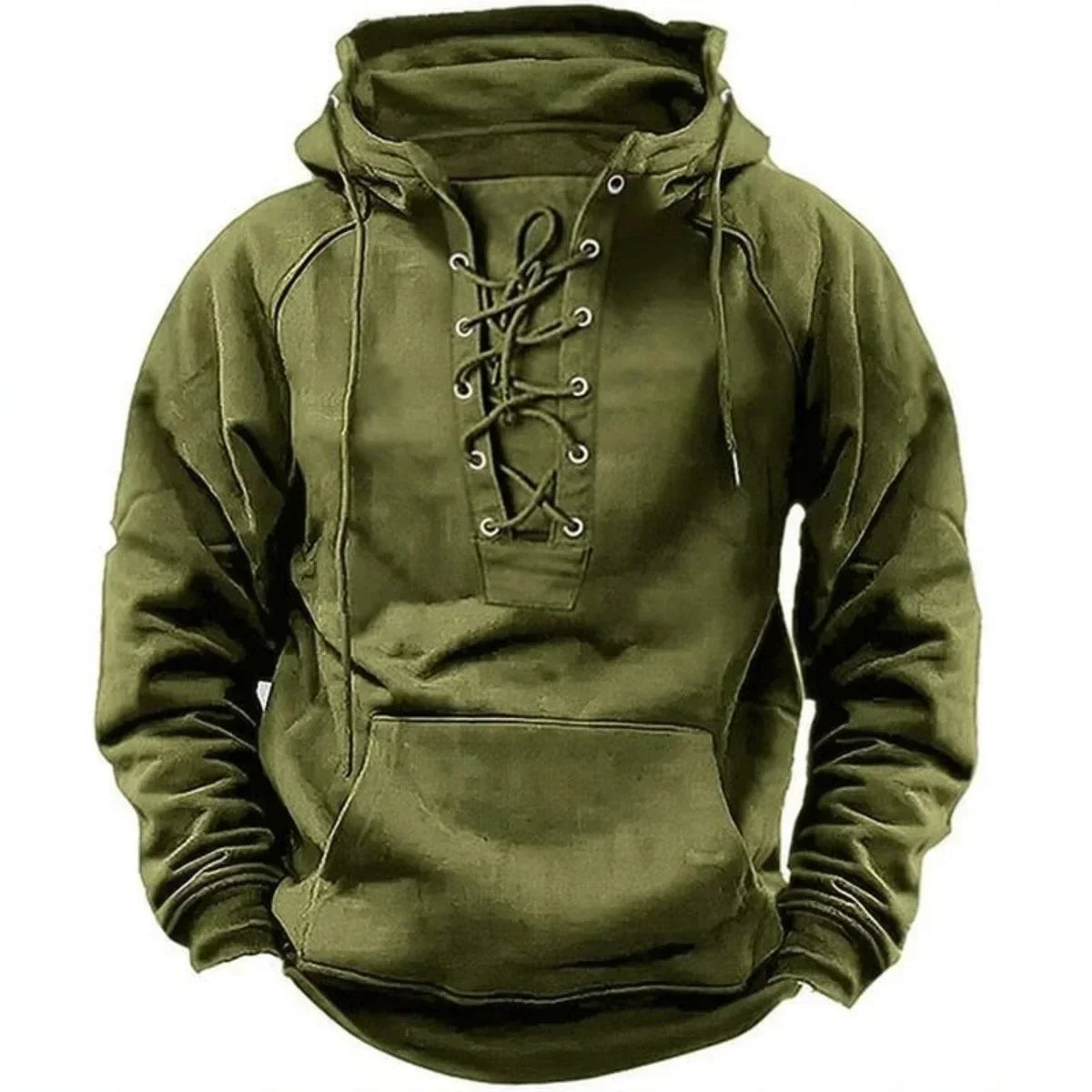 Men's green lace-up hooded sweatshirt with lace-up neckline and kangaroo pocket