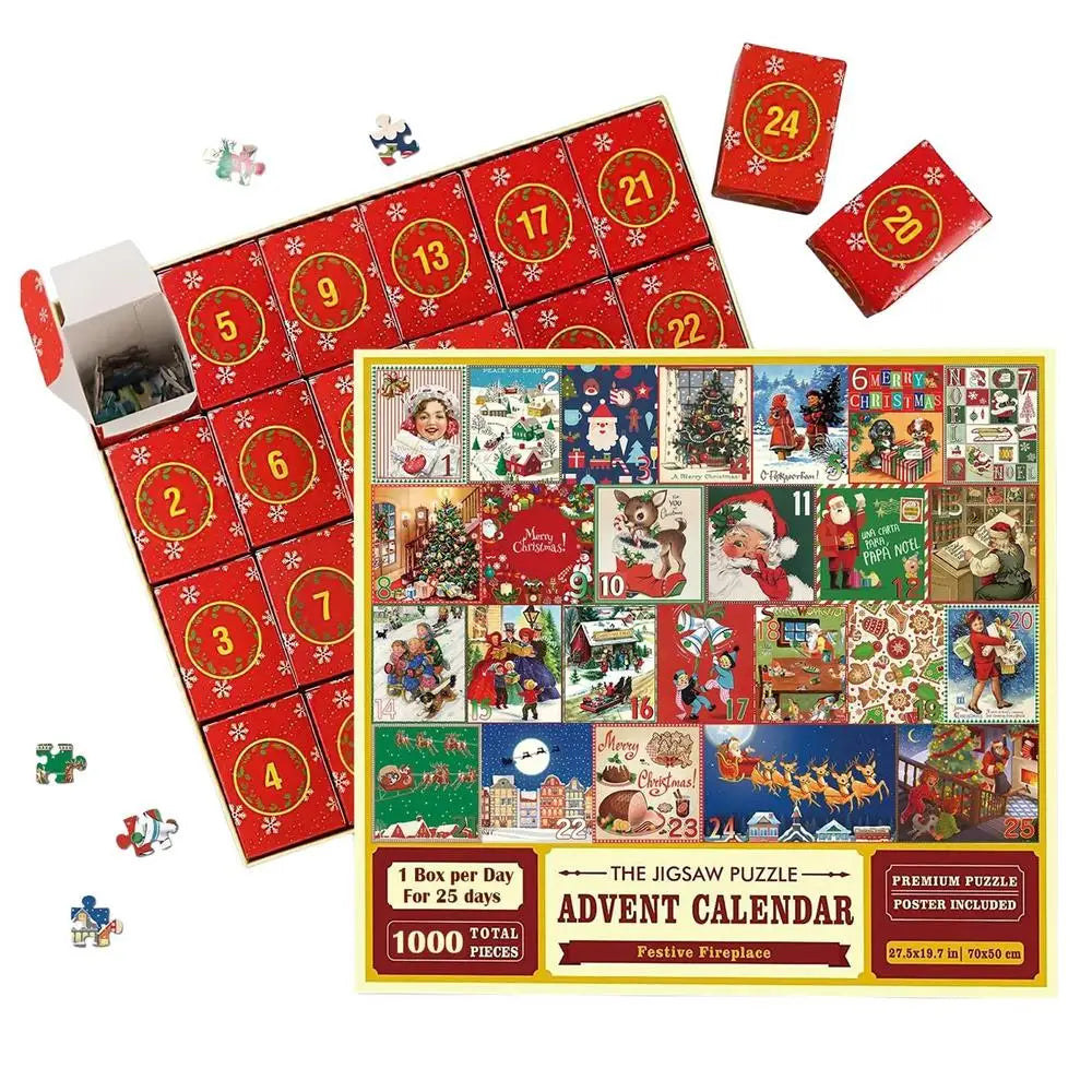 Christmas advent jigsaw puzzle box with red numbered doors and puzzle artwork preview