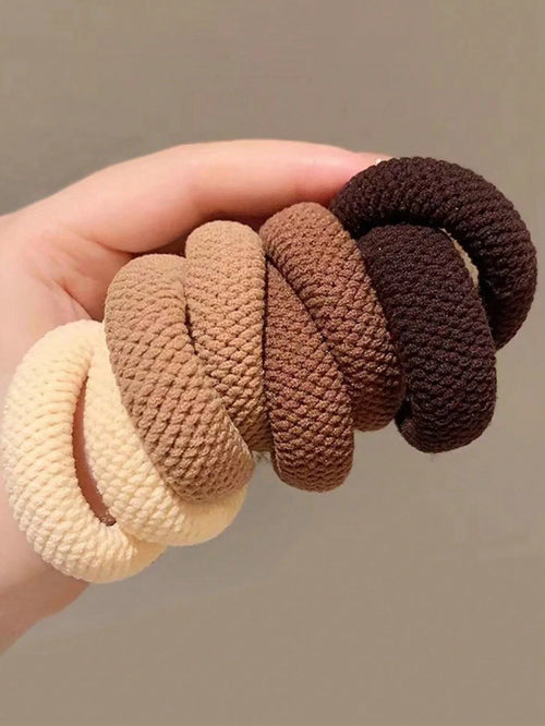 Cotton hair scrunchies in mixed dark and nude tones, thick textured loop
