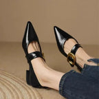 Fioré | Slip On Flats for Women - Pointed Toe Buckle Detail Cushioned Elegant Regular Fit-Women's Flats-Black-4-Camoufit