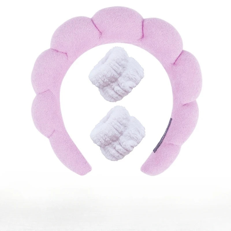 Lavender plush spa headband set with two matching wrist towels for face washing.