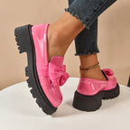 Novara | Chunky Platform Shoes for Women - Butterfly Bow High-Gloss Leather Trendy Fit-Women's Flats-Pink-4-Camoufit