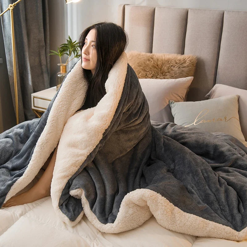 Double-sided flannel and fleece throw, dark gray with beige sherpa reverse