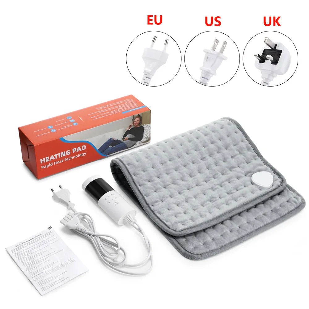 Heating pad with adapter, instructions, and packaging on a white background