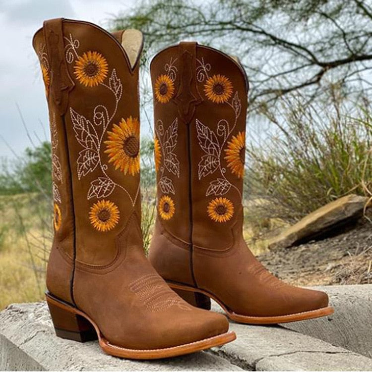 Ēden | Women's Floral Block Heel Boots - Embroidered Ankle Booties with Side Zipper