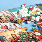 Close-up of assembled Christmas jigsaw puzzle pieces on blue background