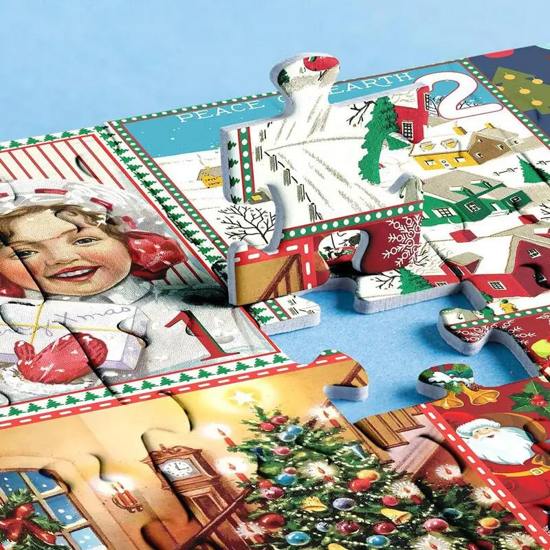 Close-up of assembled Christmas jigsaw puzzle pieces on blue background