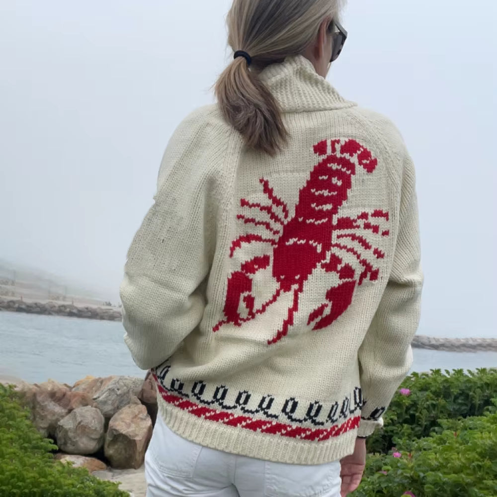 Velina | Women's Shawl Collar Cardigan with Sailboat Print Y2K V Neck Button Down Knit Jumper