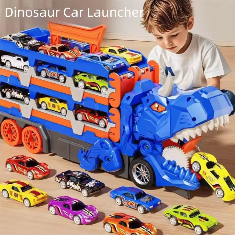 Blue dinosaur car launcher playset with orange ramp and several toy race cars