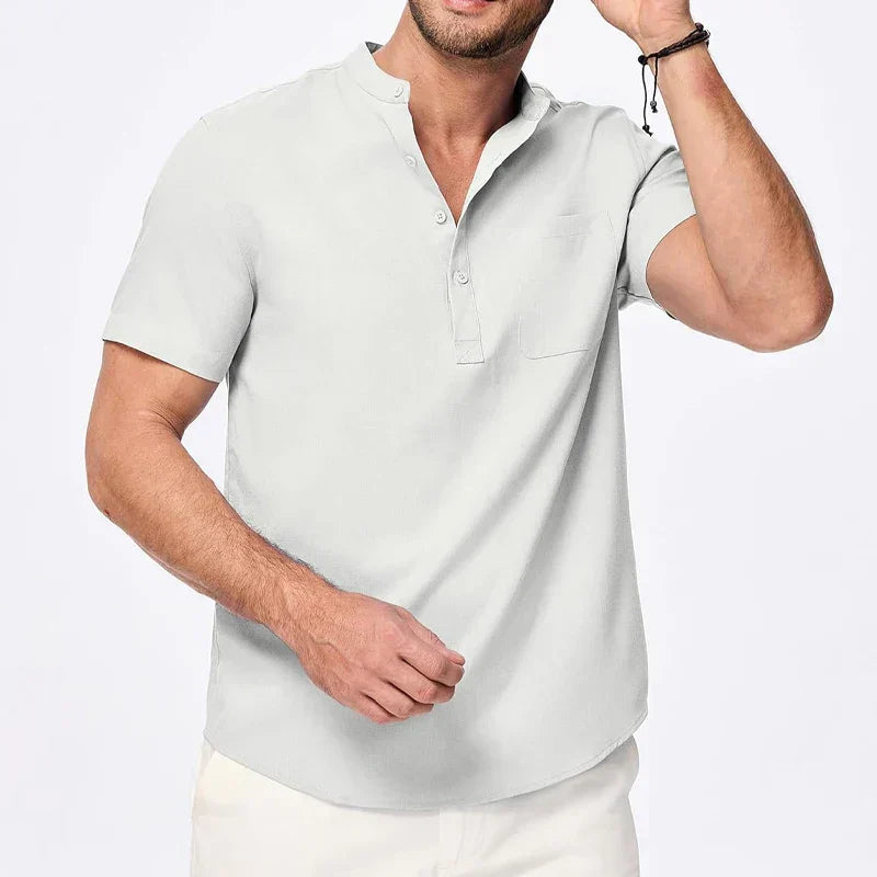 Cazaro | Henley Shirt for Men - Short Sleeve Grandad Collar Chest Pocket Regular Summer Fit-Men's Henley Shirt-White-S-Camoufit
