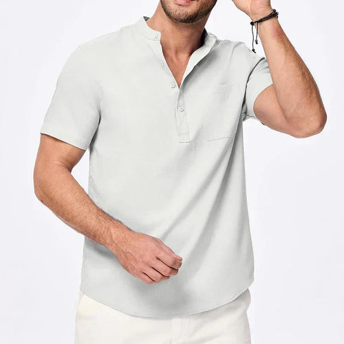 Cazaro | Henley Shirt for Men - Short Sleeve Grandad Collar Chest Pocket Regular Summer Fit-Men's Henley Shirt-White-S-Camoufit