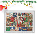 Completed advent jigsaw puzzle panel in frame, showing numbered festive scenes