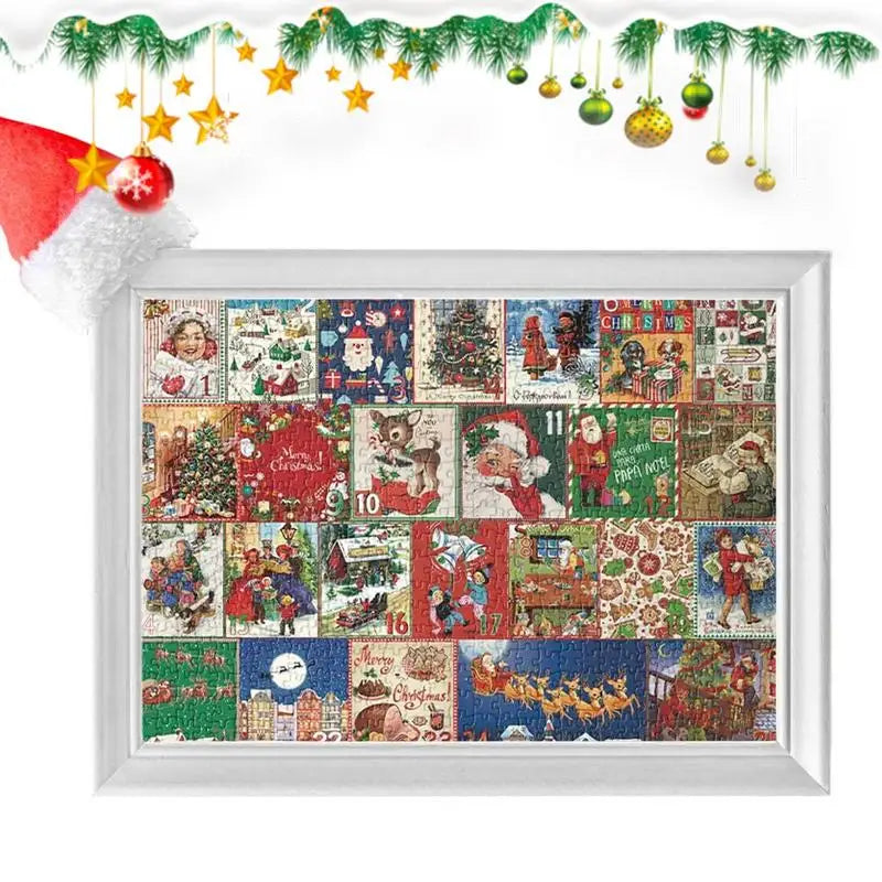 Completed advent jigsaw puzzle panel in frame, showing numbered festive scenes