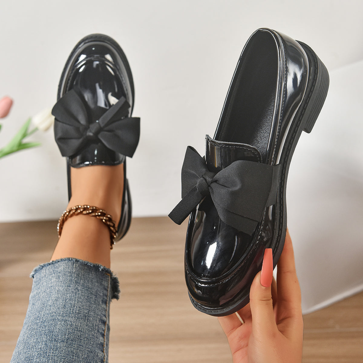 Sélora | Slip On Loafers for Women - Bow Detail Moc Toe Platform Cushioned Elegant Fit-Women's Flats-Glossy Black-4-Camoufit